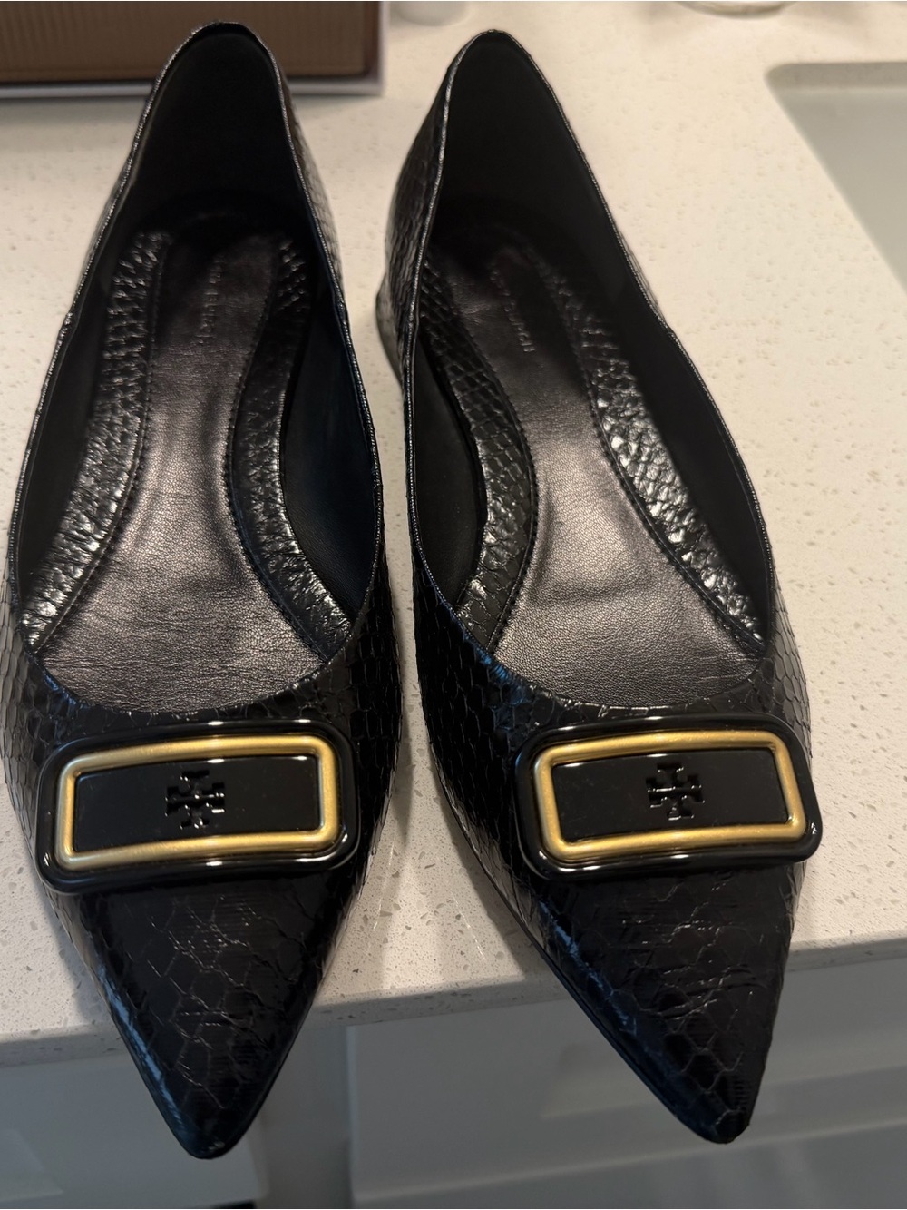 Tory Burch Black Pointed Leather Flats with Gold-Trim Buckle